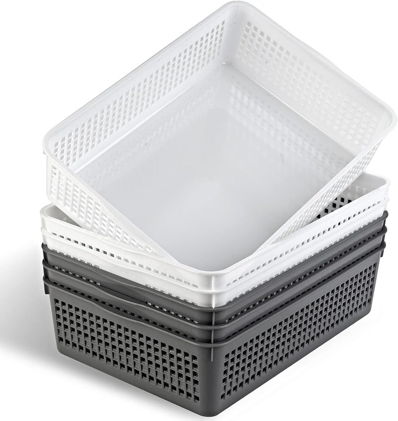 Eslite A4 Size Plastic Storage Basket,Desktop File Paper Letter Organizer Tray, 6-Packs (White+Grey) - Image 1